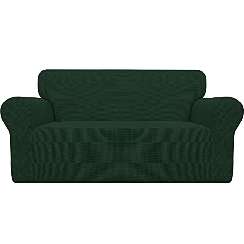 Easy-Going Stretch Loveseat Slipcover 1-Piece Sofa Cover Furniture Protector Couch Soft with Elastic Bottom for Kids Polyester Spandex Jacquard Fabric Small Checks (Loveseat, Dark Green)