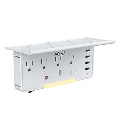 Socket Outlet Shelf - ON2NO Surge Protector Wall Outlet- 4AC & 4 USB Ports Charging Shelf - Electric Outlet Extender with Built-in Shelf & Smart Night Light