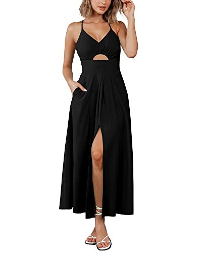 BTFBM Women 2024 Summer Spaghetti Strap Dress Sleeveless V Neck Cutout Slit Casual Beach Party Maxi Dresses with Pockets(Solid Black, X-Large)