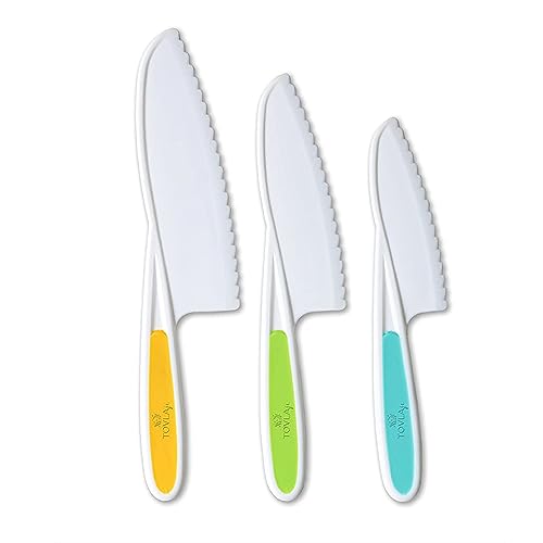 Tovla Jr. Knives for Kids 3-Piece Kitchen Cooking and Baking Knife Set: Montessori Children's Knives in 3 Sizes & Colors/Firm Grip, Serrated Edges, BPA-Free Kids' Toddler Knives (colors vary)