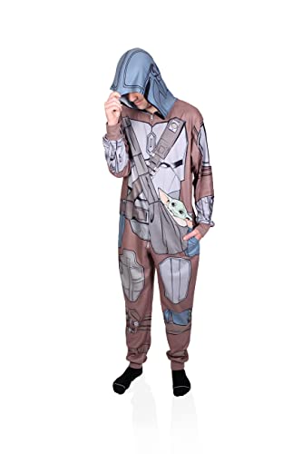 STAR WARS Mandalorian Mando Adult Men's Hooded One Piece Pajama Sleep Set Onesie Costume for Men Dad Merch Father Gift Apparel Clothes Stuff Novelty Vintage (Large, Beige)