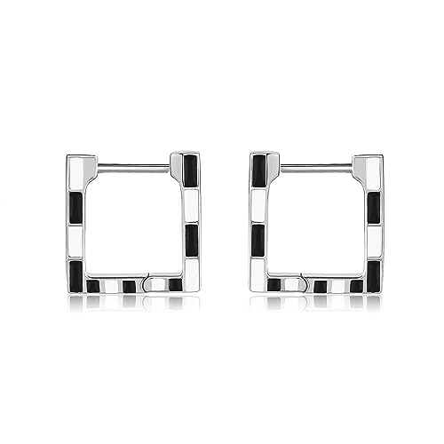 EXRANQO Enamel Checkered Earrings 925 Sterling Silver Black and White Hoop Earrings 90s Jewelry Gifts for Women