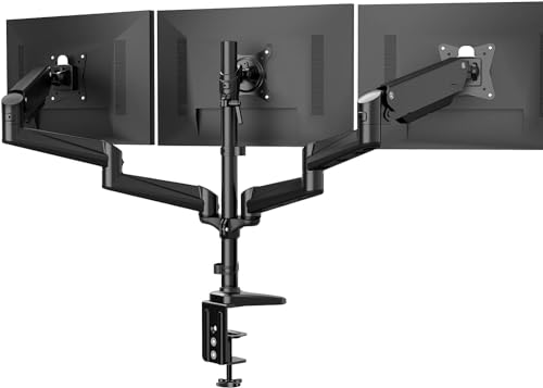 HUANUO Triple Monitor Mount for 17 to 32 inch Screens, Gas Spring Adjustment Triple Monitor Stand with Swivel, Tilt, Rotation, Clamp & Grommet Kit (Black)