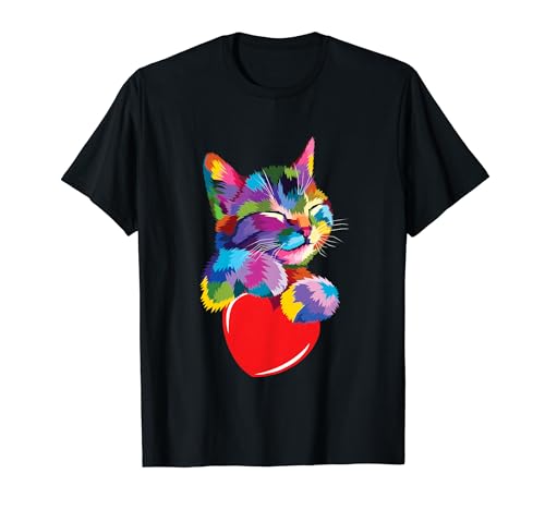 Rainbow Cute Cat Hugging Valentine Heart Kitty Love Cat T-Shirt