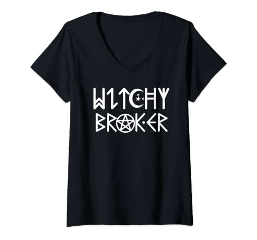 Womens Halloween Real Estate Broker Witch Mortage Lender Witchy V-Neck T-Shirt