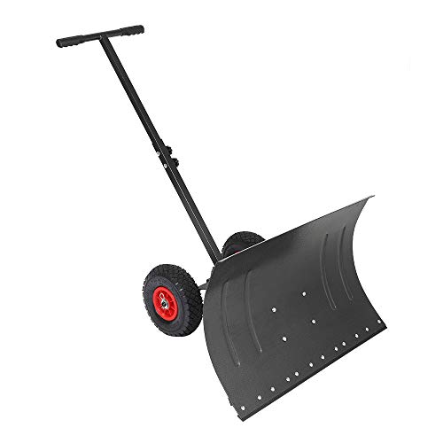 TUFFIOM Snow Pusher Shovel for Driveway with Wheels, 29' Wide Heavy Duty Push Snow Plow Shovel, Wheeled Rolling Snow Shovels for Snow Removal Adjustable Angle & Height Handle