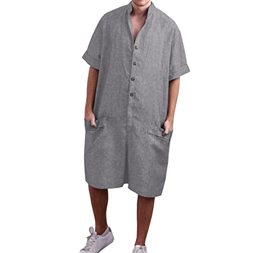 Mens Rompers Jumpsuits Onesie Loose Fit Cotton Linen Button Down Short Sleeve Coverall Tracksuits Comfy Playsuit Shorts Gray