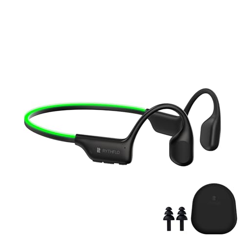 Rythflo Bluetooth Headphones, Bone Conduction Headphones w/Mic Open Ear Wireless Earbuds w/Light Bar for Running, IPX7 Waterproof 32GB MP3 for Swimming, 8Hrs Playtime Earphones for Sports Workouts