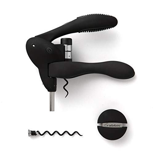 Rabbit W6004N Original Lever Corkscrew Wine Opener with Foil Cutter and Extra Spiral (Black)