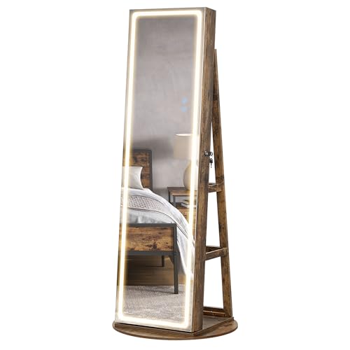 SONGMICS LED Mirror Jewelry Cabinet Standing, Lockable Jewelry Armoire with Full-Length Mirror and Adjustable LED Lights, Space-Saving Jewelry Organizer with Mirror, Mother's Day gifts, Rustic Brown