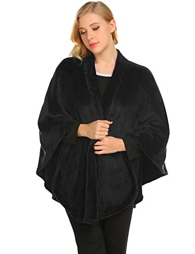 Ekouaer Womens Flannel Faux Poncho Lightweight Loose Blanket Sweater Warm Winter Coat Open Front Shawls and Warps XXL A- Black