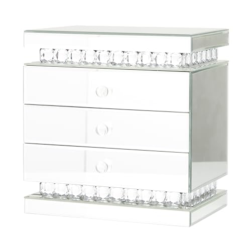 Deco 79 Wood Mirrored 3 Drawer Jewelry Box with Crystal Embellishments, 11' x 8' x 11', Silver,Chrome