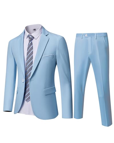YND Men's Slim Fit 2 Piece Suit, One Button Jacket Pants Set with Tie, Solid Party Wedding Dress Blazer, Tux Trousers, Sky Blue