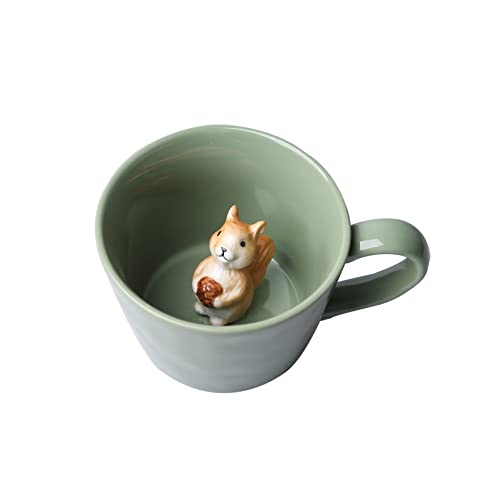 DIHOclub Squirrel Ceramic Cup Hidden 3D Animal Inside Mug,Cute Cartoon Handmade Figurine Mugs,Holiday and Birthday Gift for Coffee Milk Tea Lovers,12 OZ(Light Green)