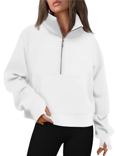 AUTOMET Womens Sweatshirts Half Zip Pullover Cropped Quarter Zipper Hoodies 2024 Fall Fashion Outfits Winter Clothes Sweater White