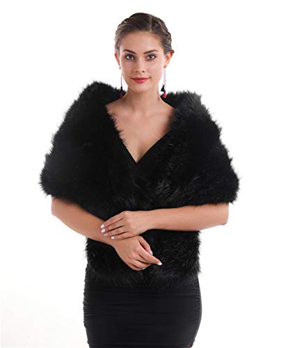 Lucky Leaf Women Luxurious Large Winter Faux Fur Scarf Wrap Collar Shrug for Lady Poncho Wedding Dinner Party (Shawl Black)