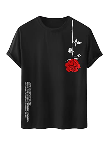 SOLY HUX Men's Graphic Tees Vintage T-Shirts Floral Letter Print Crewneck Short Sleeve T Shirts Casual Summer Streetwear Black Graphic Large