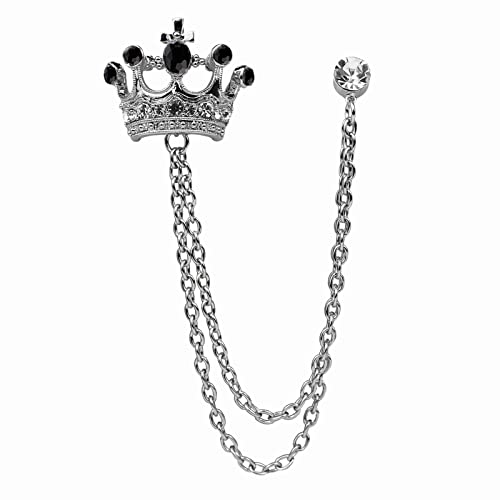 Crystal Crown Hanging Chain Brooch Suit Pin,Vintage Gold Crown Brooch,Suit Stud,Shirt Studs,Lapel Pin Accessories for Men Women (Silver Black)