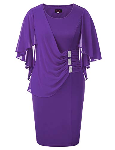 Hanna Nikole Chiffon Popover Dress with Rhinestone Knee Length Poncho Sheath Dress for Cocktail Party Medium Purple