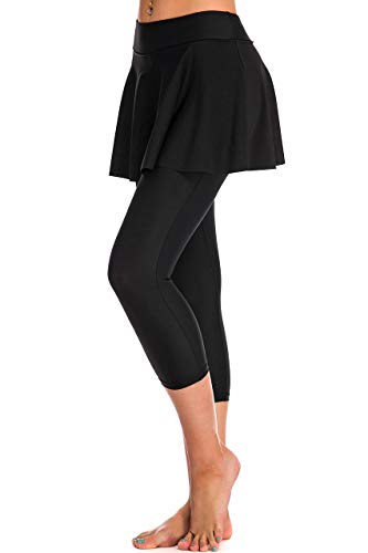 Labelar Women's Skirted Swim Capris Sun Protective Active Swimming Skirt with Leggings Tights Black