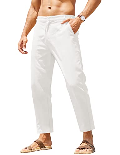 COOFANDY Men's Cotton Linen Pants Elastic Waist Lightweight Casual Pants Slim Fit Yoga Beach Pants with Pockets