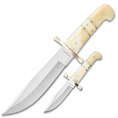 Timber Rattler Camel Bone Bowie Knives and Leather Twin Sheath - Two-Piece Fixed Blade Set, Stainless Steel Blades, Genuine Camel Bone Handles Brass Handguards - Two Bowies for Outdoor Adventures