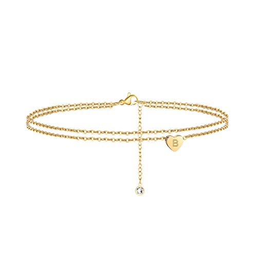 Turandoss Layered Initial Ankle Bracelets for Women, 14K Gold Filled Everyday Layered Chain Boho Beach Style Summer Initial Anklets for Women Anklet with Initials B