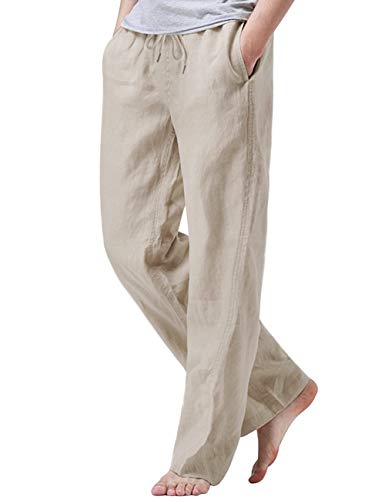iWoo Linen Pants for Men with Pockets Summer Pants Men Elastic Waist Khaki XXL