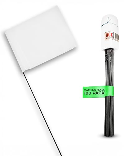 ACE Supply Marking Flags - 4 x 5-Inch Flag on 15-Inch Steel Wire - White, 100 Pack - Marker Flags for Irrigation, Sprinkler Flags, Lawn Flags, Yard Flags, Garden Flags, Dog Training, Invisible Fence