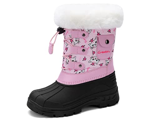 Greatonu Kids Snow Boots Boys Girls Mid Calf Insulated Waterproof with Faux Fur Winter Shoes Light Pink Little Kids 10