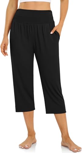 UEU Women's Plus Size High Waist Capri Casual Summer Loose Fitting Yoga Pants Comfy Lounge Sweat Capris Sweatpants with Pockets(Black,3XL)