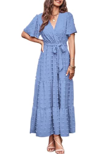 MASCOMODA Dresses for Women 2024 Short Flutter Sleeve Tiered Maxi Dress Swiss Dot Solid V Neck Wedding Guest Dress with Belt(Blue,Medium)