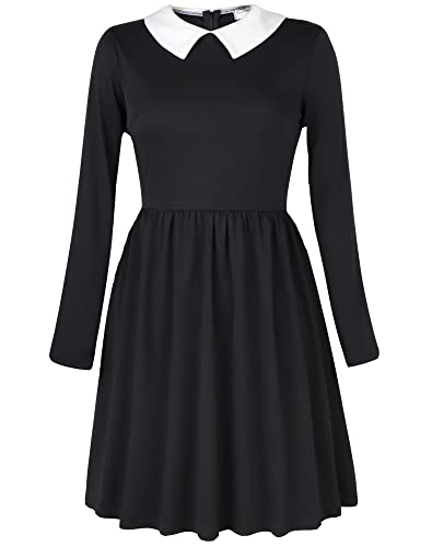 POGTMM Womens Halloween Costume Dress Long Sleeve Black Dress Addmans Family Collar Dress (Medium, Black)