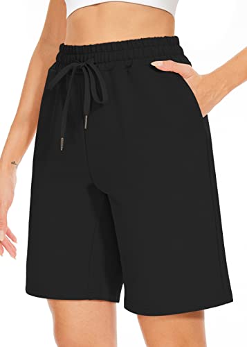 TARSE Women's Bermuda Shorts Plus Size Long Cotton Drawstring Loose with Pockets Knee Length Shorts Yoga Casual Walking Exercise Shorts(Black,XL)