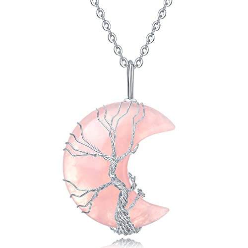 XIUQILAI Healing Crystal Necklace Tree of Life Wire Wrapped Rose Quartz Crescent Moon Natural Stone Pendant Necklaces Hippie Boho Witch Wiccan Spiritual Reiki Gemstone Quartz Jewelry for Women