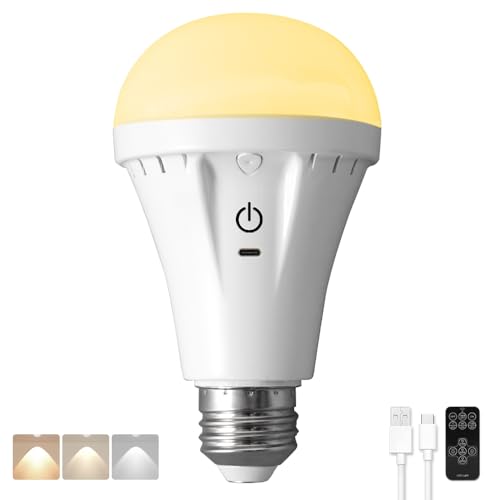 BLUEYE Rechargeable Light Bulbs,Remote Control,Soft Warm 2700K-6000K,50W Equivalent,450Lumens,Flicker-Free,5V/1A USB-Type C, E26 Battery Operated Emergency Lamp for No Outlet,1Pack