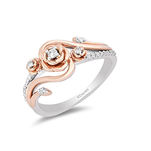 Jewelili Enchanted Disney Fine Jewelry Belle Rose Diamond Ring 1/6 CTTW in 14K Rose Gold over Sterling Silver, Size 8