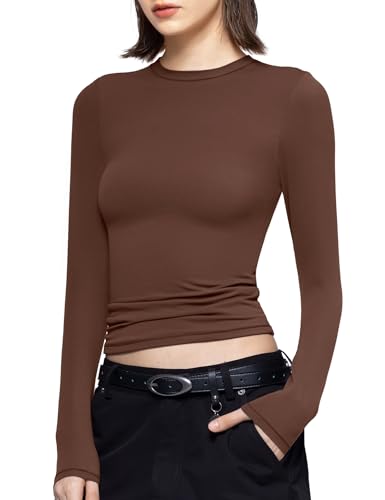 PUMIEY Long Sleeve Shirts for Women Crew Neck Slim Fit Tops Sexy Basic Tee, Chocolate Medium