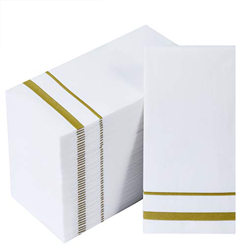 [200 Pack] Disposable Guest Towels Paper Hand Towels, Decorative Bathroom Hand Napkins for Kitchen, Parties, Weddings, Dinners or Events, White and Gold