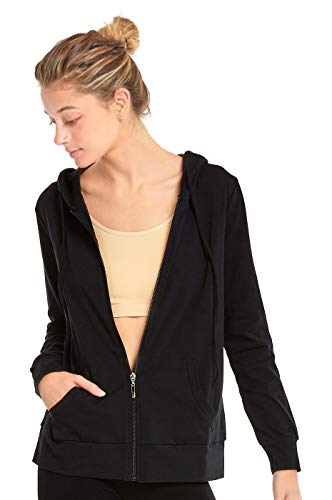 Sofra Teejoy Women's Thin Cotton Zip Up Hoodie Jacket Black Large