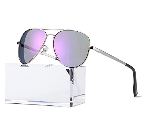 HJSTES Polarized Aviator Sunglasses for Women Men Classic Metal Shades Mirror Lens 100% UV Blocking, 58mm(Silver Frame/Purple Mirrored)