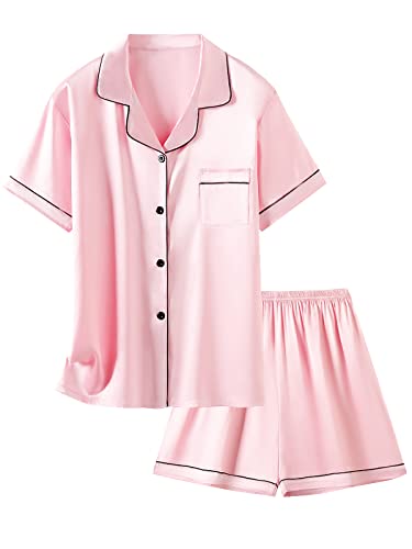 Schbbbta Satin Pajamas for Girls, 2 Pcs Sleepwear Short Silk Matching Summer Pajama Set for Girls, Candy Pink, 11-12 Years = Tag 18