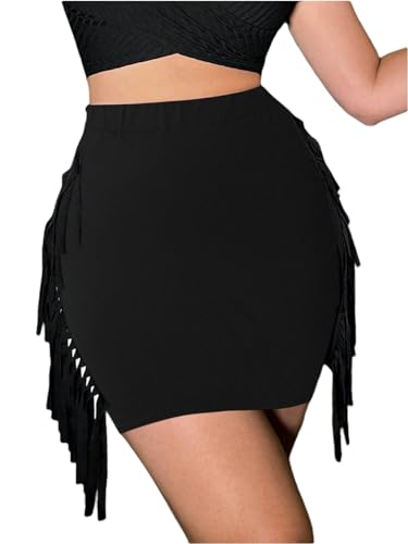 SOFIA'S CHOICE Women's Sexy Fringe Side Tassels High Waisted Bodycon Pencil Mini Skirt Black Small