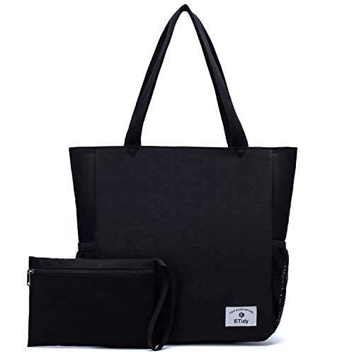 ETidy Large Capacity Foldable Tote Bag With Zipper Waterproof Sandproof Women Beach Bag Handbag Gym Bag Travel Shopping Bag(Black)