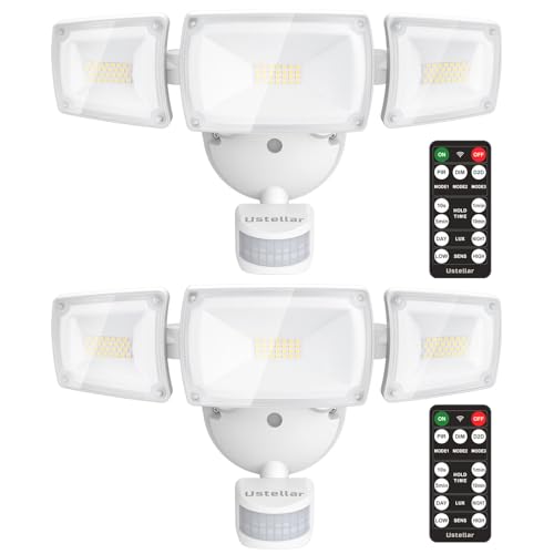 USTELLAR 2 Pack 55W LED Security Lights Motion Sensor Light with Remote Control, Outdoor LED Flood Lights Dusk to Dawn 5500LM 5000K, IP65 Waterproof, Exterior Floodlight for Garage, Yard, House, Eave