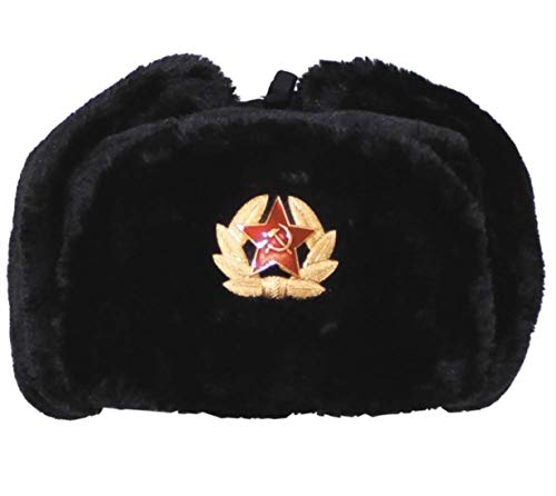 Loxdonz Ushanka Russian Military Hat with Ear Flaps and Soviet Badge, Trapper Ski Hat for Winter (One Size, Black)