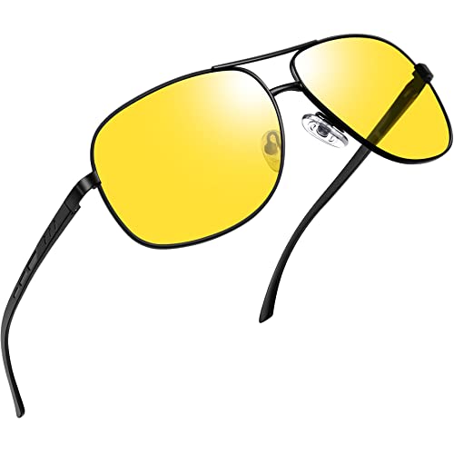 Joopin Night Driving Glasses for Men, Rectangle Aviation Night Sunglasses Metal Frame UV Protection (Black Frame Yellow Lens)