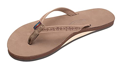 Rainbow Sandals Ladies Las Flores - Single Layer Premier Leather with a Floral 1/2' Narrow Strap, Dark Brown, Ladies 8.5-9.5