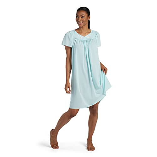Miss Elaine Tricot Nightgown, Short Sleep Dress With Comfortable Lightweight Fabric, Flutter Sleeves (Large, Sea Foam)