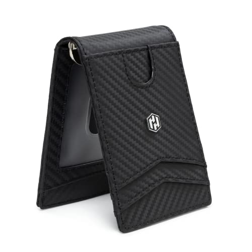 Hayvenhurst Minimalist Slim Wallet For Men - Credit Card Holder - Leather Billfold Wallet with Metal Money Clip, ID Window & Front Card Slot | Billfold (Carbon Fiber, Billfold)